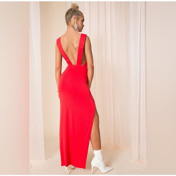 Superdown Dress Size Medium Erica Plunging Neck Maxi Slit Front Red Orange NWT - Picture 2 of 11